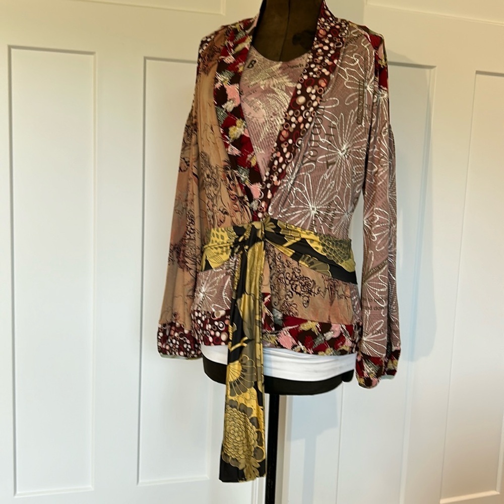 2 piece Tank top and belted over jacket “nothing matches” newspaper print fabric